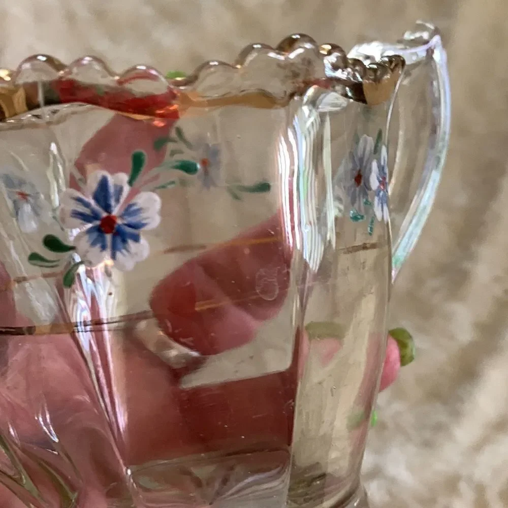 Sugar Bowl Crystal Gold Leaf  Heavy Glass Hand Painted Vintage